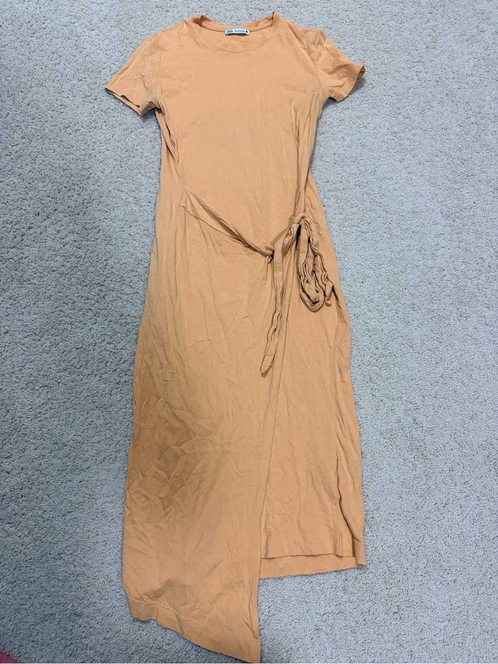 Zara Short-Sleeve Tie-Waist Maxi Dress in Mustard